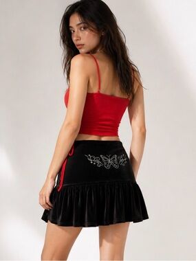 Vintage Black Velvet Y2K Butterfly Rhinestone Mini Skirt Size M